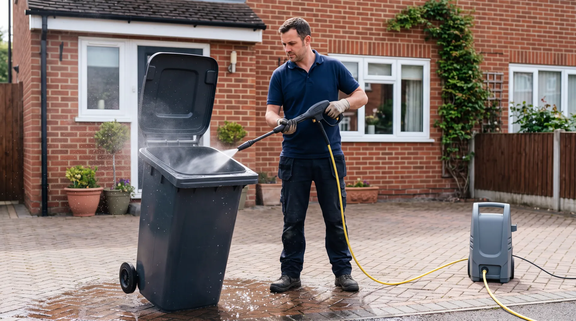 Worker pressure-washing the inside of a wheelie bin on a residential driveway
