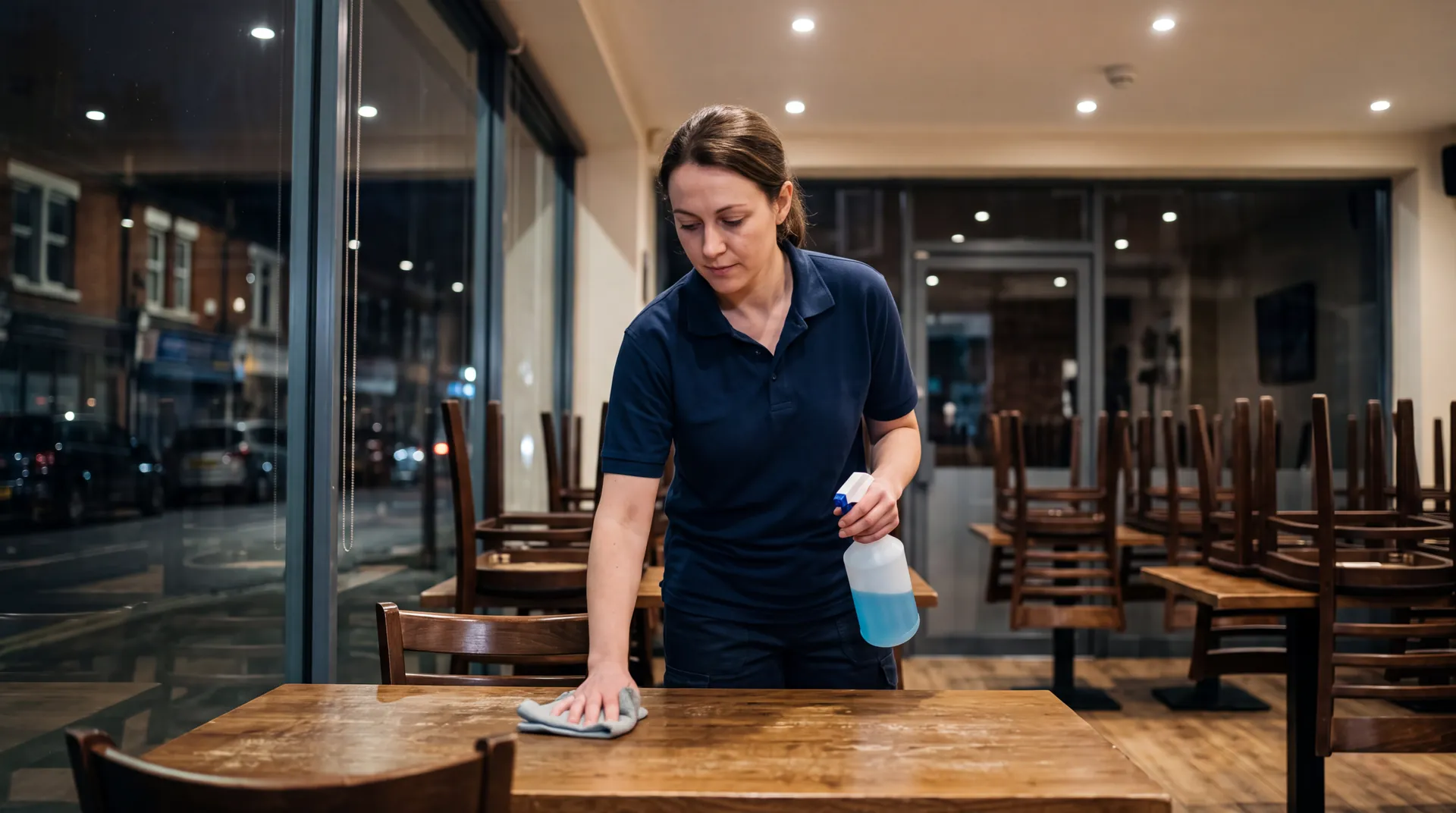 Cleaner wiping a dining table in a restaurant after closing, with chairs raised on the tables